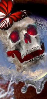 Ethereal skull wrapped in ice with a vivid butterfly accent on mobile wallpaper.