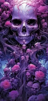 Surreal skull with purple roses in mystical artwork.