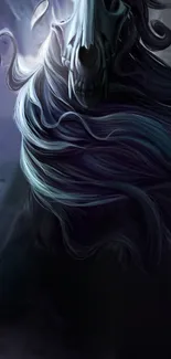 Ethereal skull with long flowing hair against a dark background.