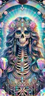 Ethereal skull art with gemstones and colors in a mystical design.