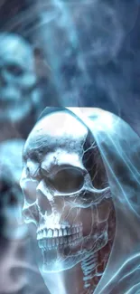 Ethereal skull in translucent blue cloak.