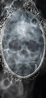 Ethereal skull in smoky mirror with ornate silver frame on dark background.