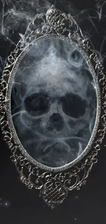 Ethereal mirror with smoky skull design on a dark background.