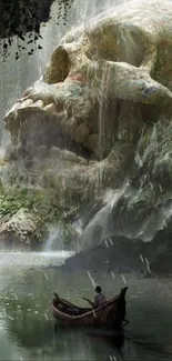 Canoe on serene waters near a giant skull waterfall.