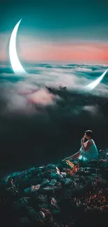 Woman sitting beneath surreal crescent moons in a misty, dreamlike landscape.