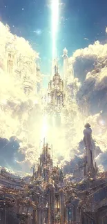 Ethereal sky castle with radiant clouds and light beam.