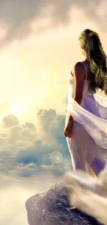 Woman gazing at ethereal sky with flowing dress, surrounded by soft clouds.