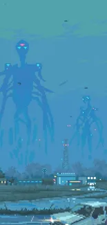 Mysterious alien figures descend on a town at night in blue hues.