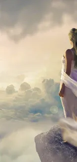 Ethereal woman overlooking clouds on cliff, serene sky scene.