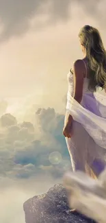 Woman in white dress on cliff with dreamy sky