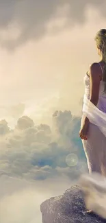 Ethereal woman in a flowing dress gazing into the cloudy sky on a cliff.