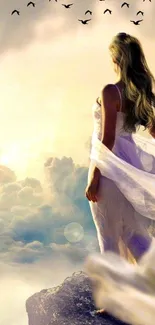 Woman in a white dress gazes at clouds and sky, creating an ethereal scene.