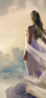 Woman in white dress gazing into ethereal, dreamy sky with pastel colors.