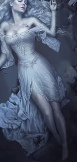 Ethereal woman in white dress lying gracefully on a dark background.