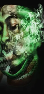 Artistic smoke and skull with neon green glow.