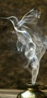 Ethereal smoke rising from a pottery jar on a brown background.