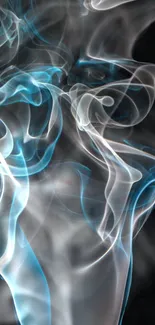 Blue smoke swirls on a black background, creating an ethereal design.