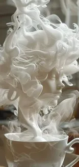 Ethereal face forming from swirling smoke above a cup.