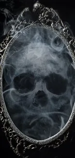 Ornate mirror reflecting ethereal smoke shaped like a skull, set on a dark background.