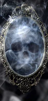 Ethereal smoke skull in ornate mirror on dark background.