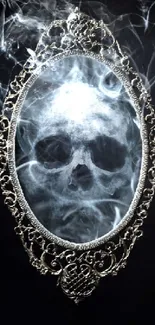 Ornate mirror with a smoke-formed skull and dark background.