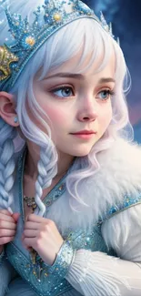 Ethereal snow princess with braided hair and jewels.