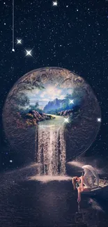 Surreal night scene with celestial sphere and waterfall.