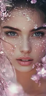 Ethereal portrait with pink blossoms.