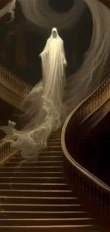 Ghostly figure descending ornate staircase in mystical art wallpaper.