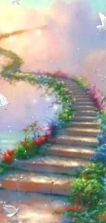 Dreamlike stairway leading to vibrant sky with white doves.