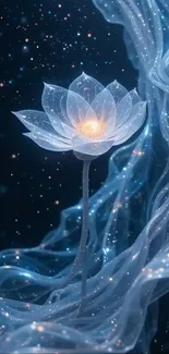 A stunning lotus glows in a starry night, creating an ethereal phone wallpaper.