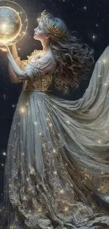A mystical princess holding a glowing orb in a starry night sky, in an ethereal dress.