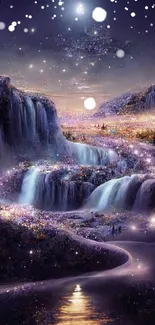 Mystical waterfall with starry night sky and ethereal glow in a fantasy landscape.