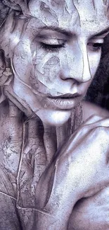 Artistic wallpaper of woman with stone-like texture creating an ethereal look.