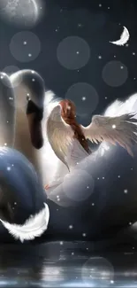 Ethereal artwork of an angel and swan in moonlight.