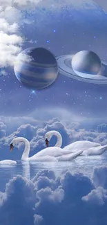 Space-themed wallpaper with swans and planets in vibrant sky blue tones.