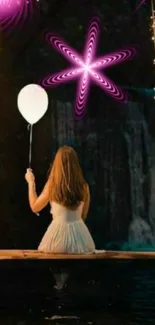 Girl on swing with a glowing balloon, surrounded by lights and pink patterns.