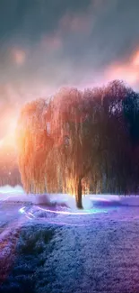 Ethereal tree lit by dawn light in colorful frosty landscape mobile wallpaper.