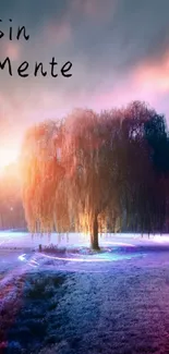 Ethereal tree glowing in vibrant dreamscape.