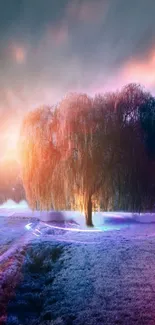 Magical tree with neon glow in a surreal purple landscape.