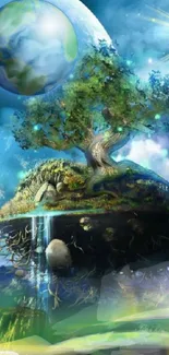 Floating island with tree in cosmic scene.