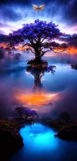 Mystical tree reflecting in a purple lake at sunset with vibrant colors.