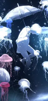 Artistic underwater scene with figure and glowing jellyfish.