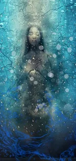 Ethereal woman submerged in blue water with bubbles around her.