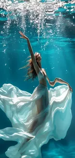 A graceful figure in an elegant dress underwater with shimmering light.