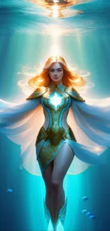 Ethereal woman in an underwater fantasy scene with glowing ocean light.