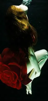 Underwater woman in rose dress, ethereal art.