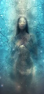 Ethereal figure underwater with blue bubbles in a serene mobile wallpaper.