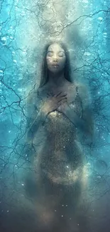 Ethereal woman in tranquil underwater scene with bubbles.