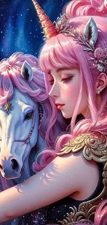 Pink-haired girl with unicorn in starry night fantasy art.